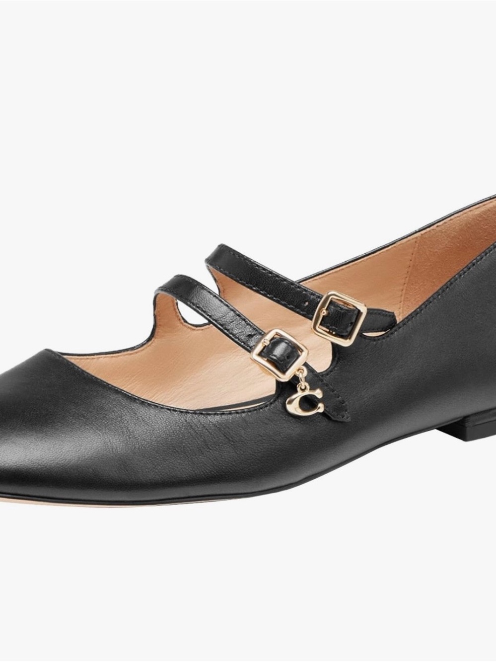 Coach Black Double-Strap Mary Jane Flats with Gold Charm